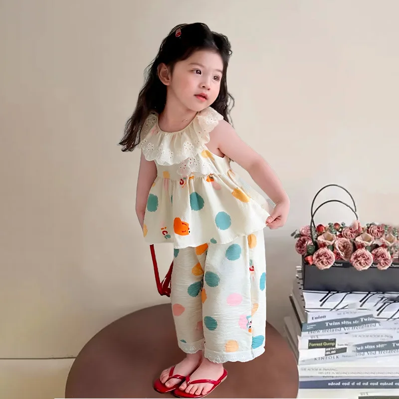 Girl's Summer Sleeveless Set Lace Edge Pants +Sweet Top Princess Style Vest Doll Neck Clothing Sets