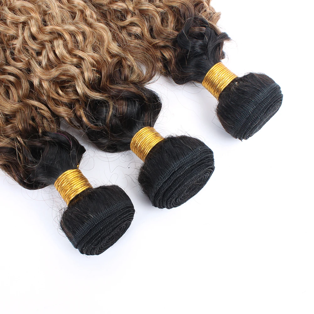 Curly Human Hair Bundles With Closure 1B/27 Ombre Blonde 100% Human Hair Extensions For Girls Women Colored Lace Closure