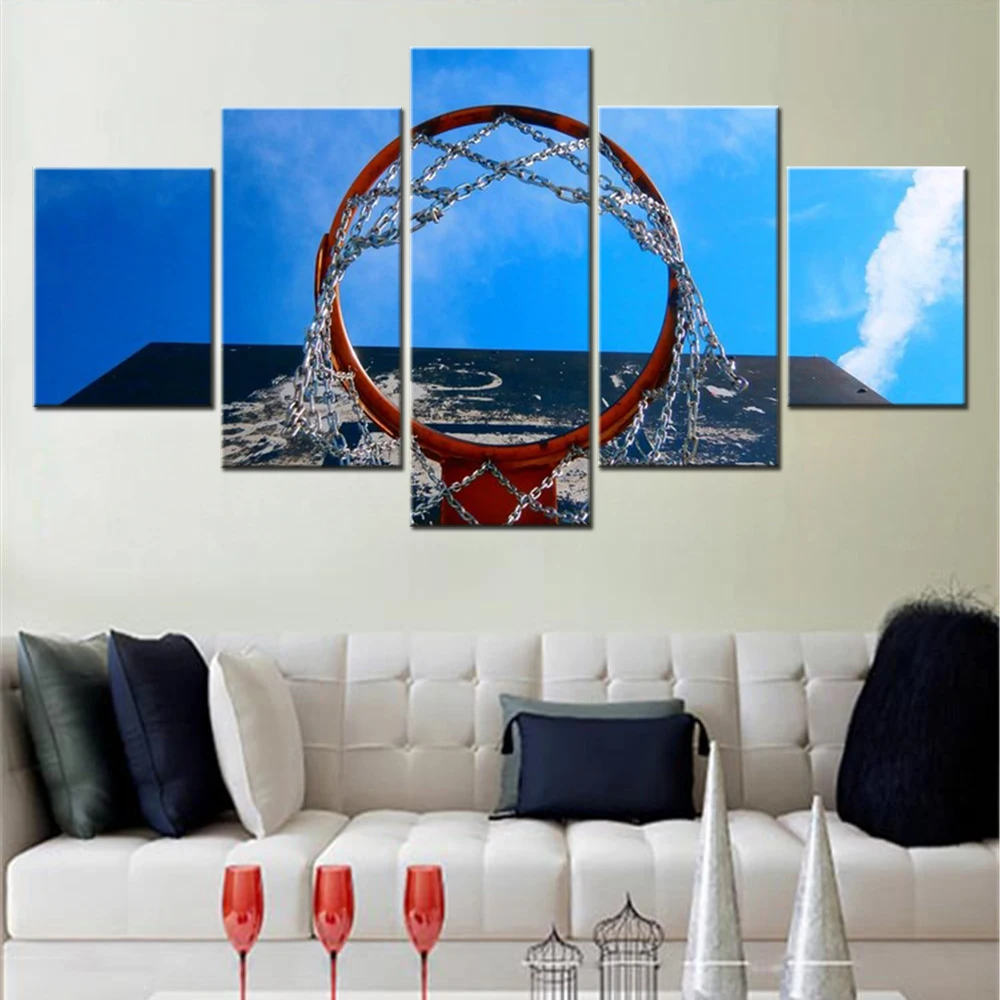 

5 Pieces Wall Art Canvas Basketball Sky Worms Eye View Nets Poster Painting Wallpaper For Living Room Home Decor Bedroom Mural