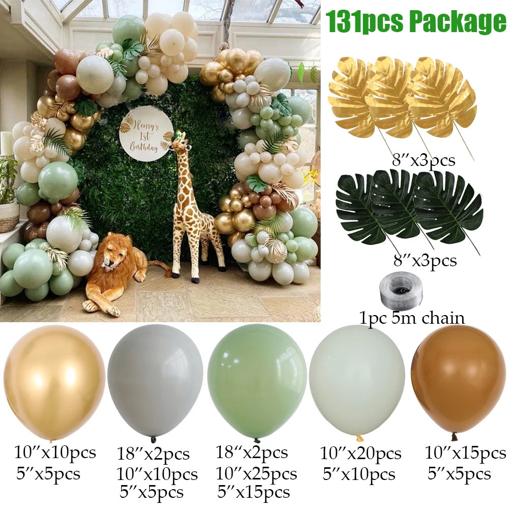 131/175pcs Jungle Animal Balloons Garland Arch Artificial Gold Green Turtle Leaf Safari Kids Birthday Party Supplies Baby Shower