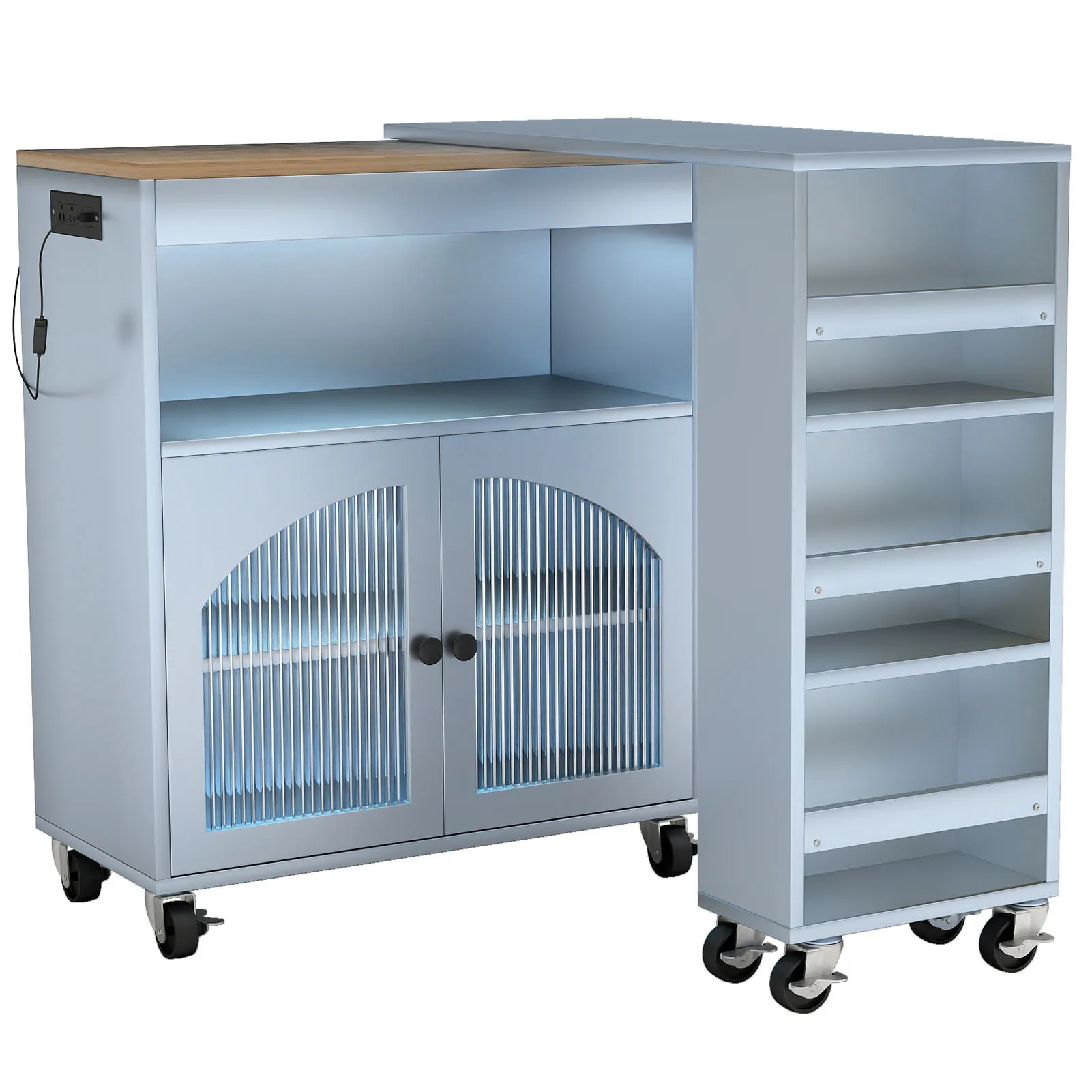 

Blue Rolling Kitchen Island w/ LED, Outlets & Extendable Table - MDF Cart, US Plug