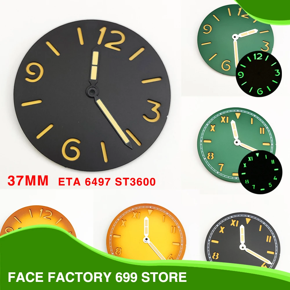 Watch Parts 37mm California Manual Winding Literal Hands Super Bright Green Luminous Aseptic Dial Fits ETA 6497 ST3600 Movement