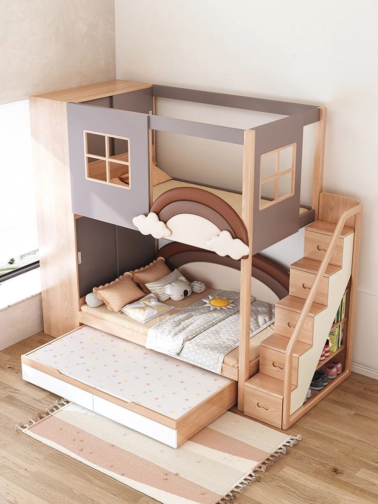 Tempat Tidur Tingkat Putri Pelangi dari Kayu Solid yang Dapat Disesuaikan, Desain Lubang Pohon, untuk Kamar Tidur Anak atau Apartemen