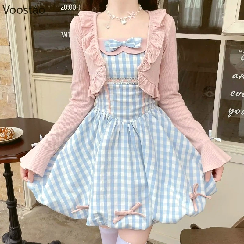 

Japanese Kawaii Lolita Style Dress Set Women Sweet Crop Cardigan Tops Bow Plaid Strap Dresses Suit Elegant Y2k Two Piece Sets