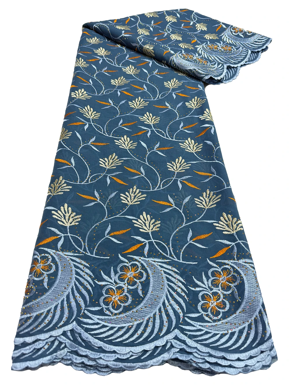 ナイジェリア産コットンレース生地、ストーン刺繍入り花柄スイスボイルレース、ブライダル、イブニングパーティードレス用