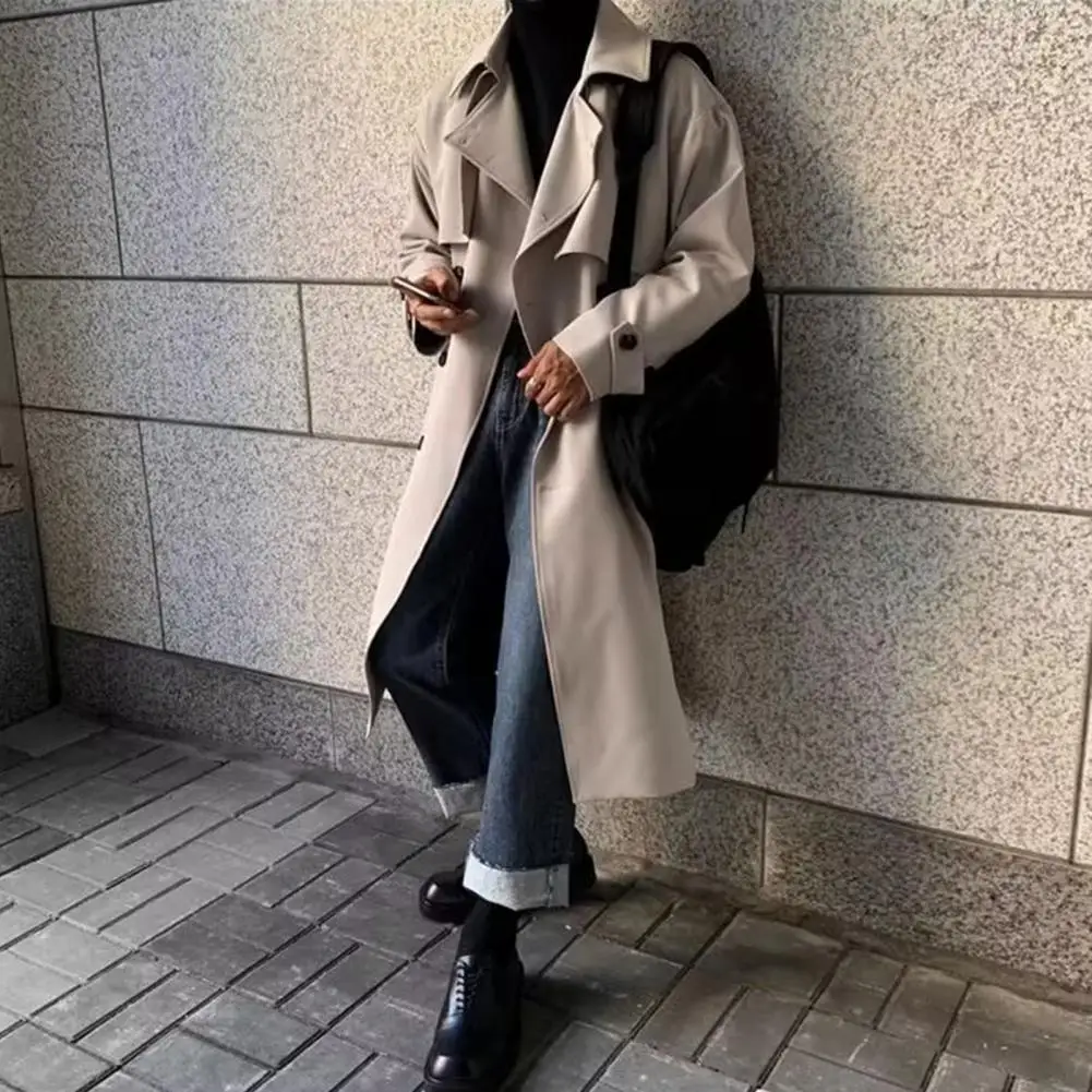 

Lapel Windbreaker Men's Lapel Double Breasted Trench Coat with Pockets Solid Color Windbreaker Outwear for Autumn Winter