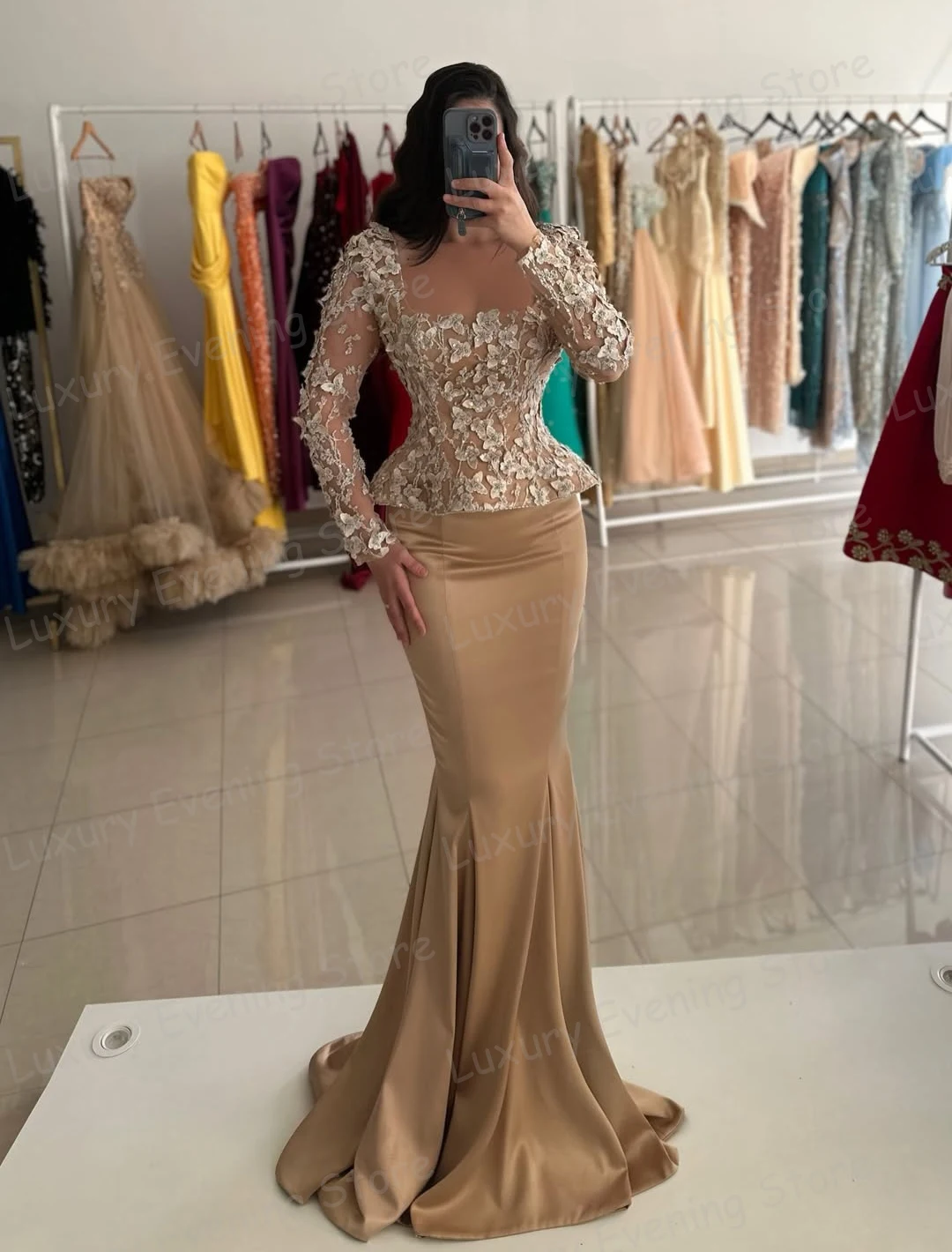 

Charming Appliques Evening Dresses Woman's Mermaid Long Sleeve Square Collar Prom Gowns Vestidos De Novia Customized Fashion