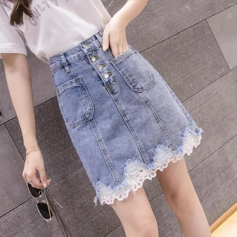 Faldas Denim Skirt Female Korean Version Of Fashion Breasted Lace Patchwork Lace High Fanny Pack Hip Skirt Ropa De Mujer Skirts