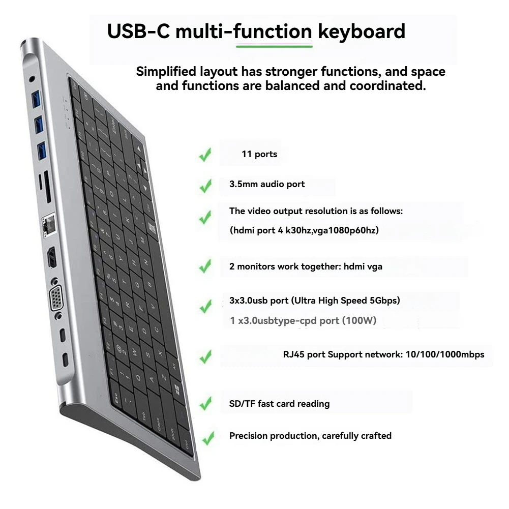 11 in 1 Keyboard Usb C Docking Station with 100W PD, 4K , VGA, Ethernet, Card Reader, USB 3.0, Aux USB C HUB for Laptop
