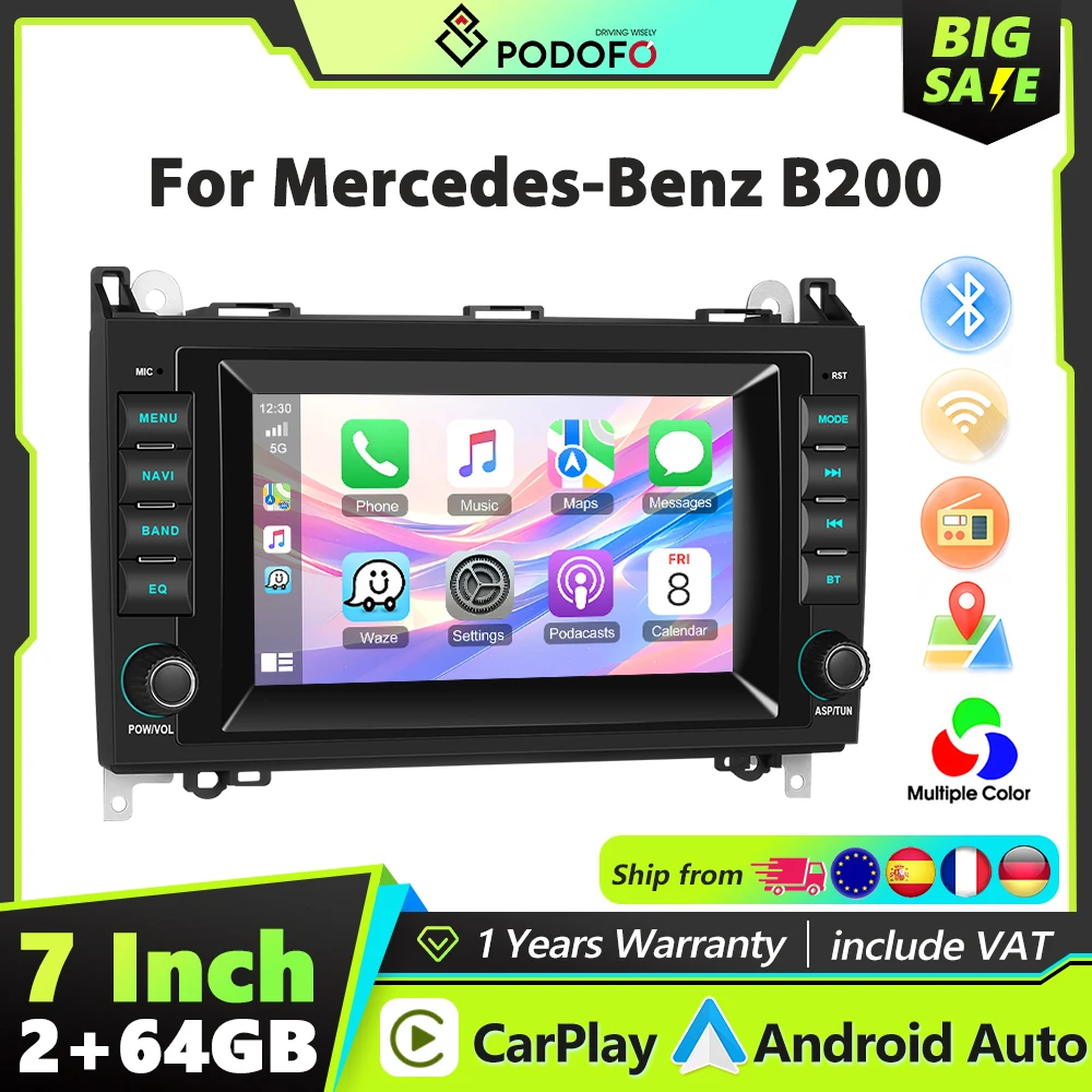 Podofo 2DIN Kabelloses Carplay Autoradio für Benz A-Klasse W169 2004-2012 Android Auto GPS Auto-Multimediaplayer Doppel-USB FM/RDS