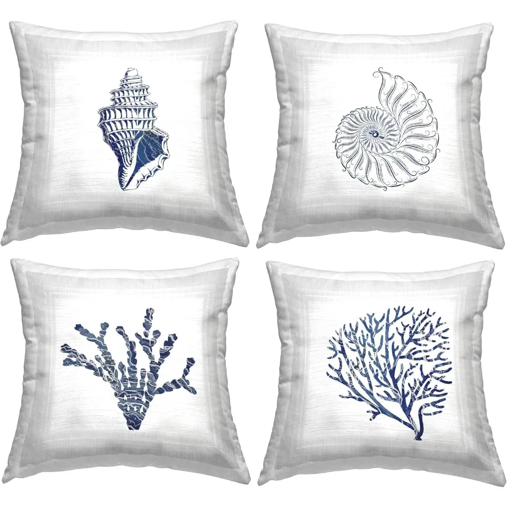 Aquatic Sea Life Shells Design by Karen Smith (Set of 4) Throw Pillow, 18 x 18, Blue