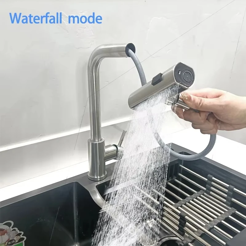 Black/Gray/Silver Pull-Out Kitchen Faucet Three Water Stream Sprayer Stainless Steel Hot and Cold Water Mixing Faucet Countertop