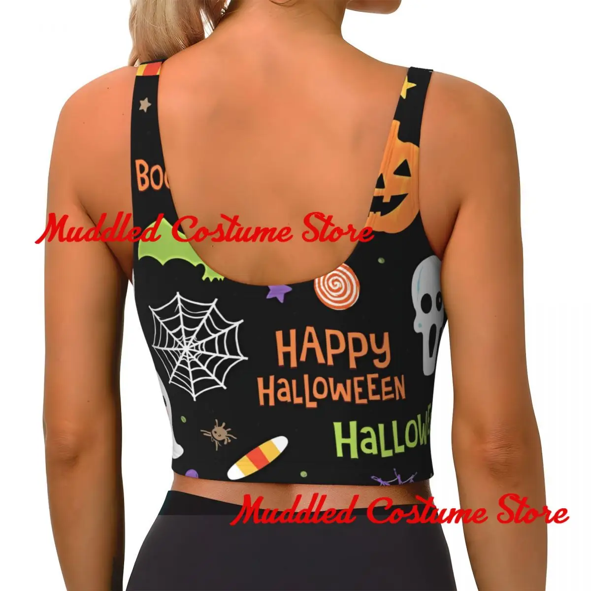 ハロウィンイラスト スポーツブラ 女性用 ヨガ ジム ランニング ポリエステル スパンデックス混紡 通気性 耐衝撃性 カワイイ パンクスタイル