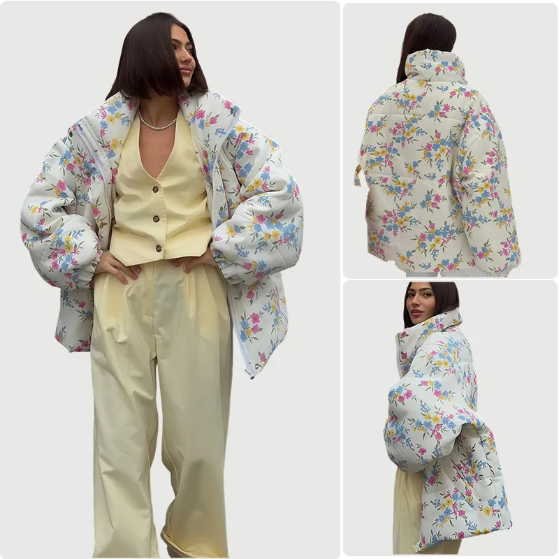 Bornladies New Women's Puffer Jacket Stand Up Collar Zipper Closure Floral Print Warm Cotton Filled Coat Oversized Autumn Winter