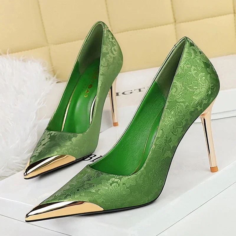 BIGTREE Fashion Metal Decoration Pointed Toe Thin Heels Woman Pumps WEDDING Party Spring Ladies Shoes