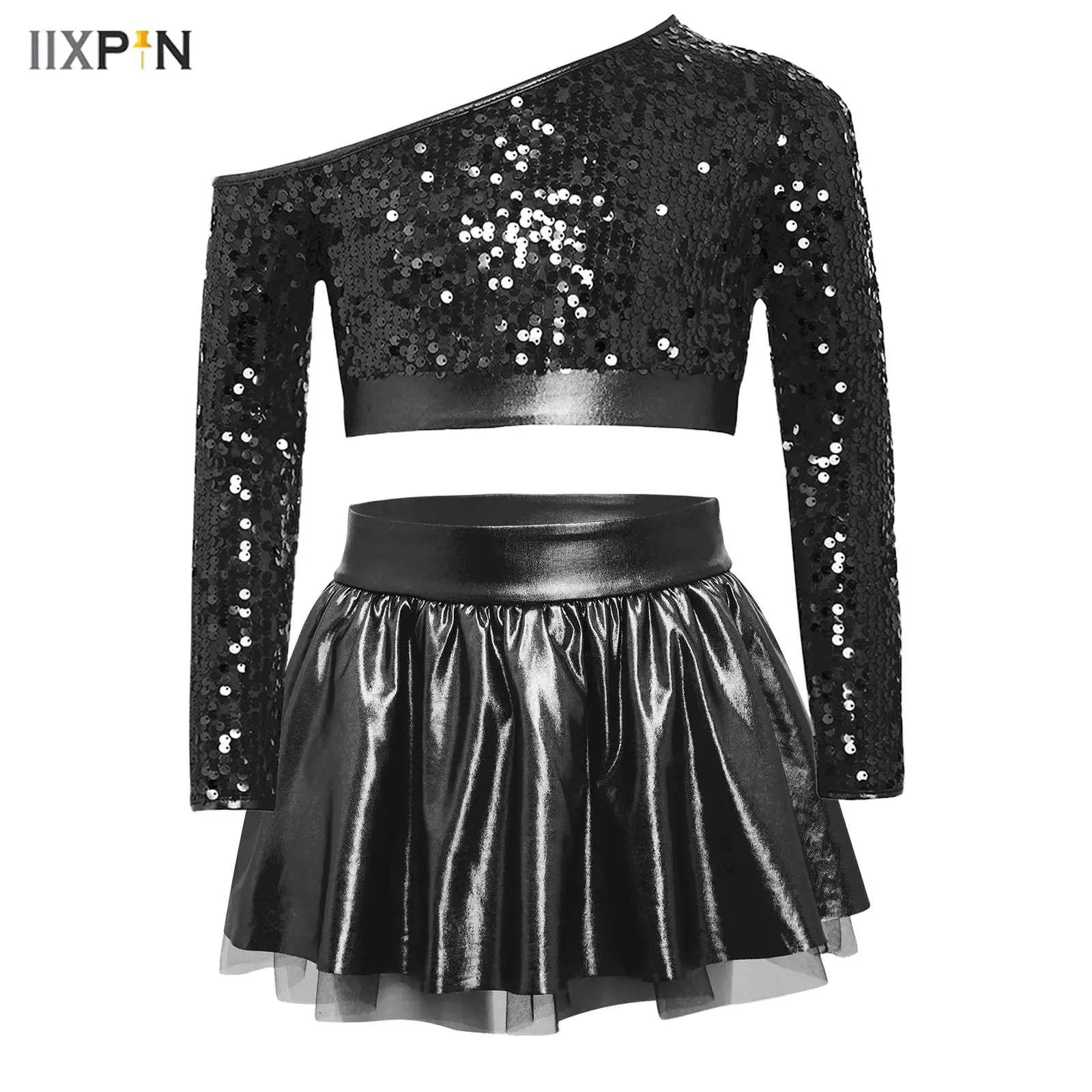 

Детский комплект для хип-хопа и джазовых танцев для девочек, костюм для выступлений в стиле черлидинг, блестящий укороченный топ с длинными рукавами и пайетками, юбка-пачка, танцевальная одежда