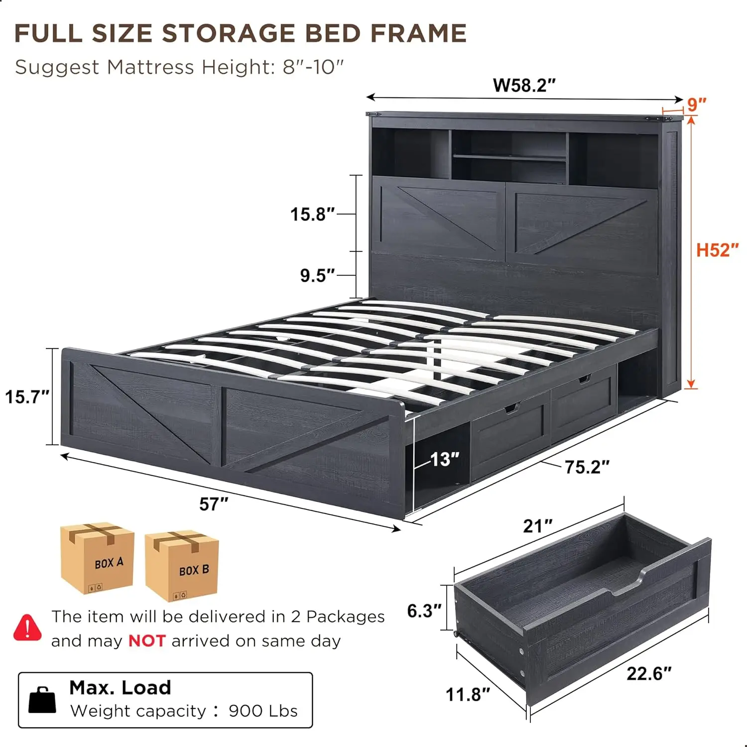 Farmhouse Full Size Wood Bed Frame With 52