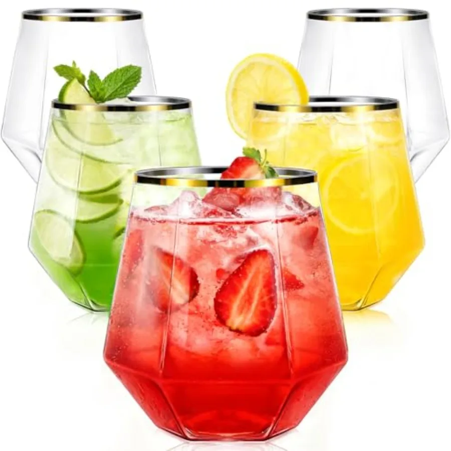 

40 Pcak Plastic Stemless Wine cocktail Whiskey Champagne Glasses, 12 Oz Gold Rim Disposable Clear Unbreakable Cups for Party Ba