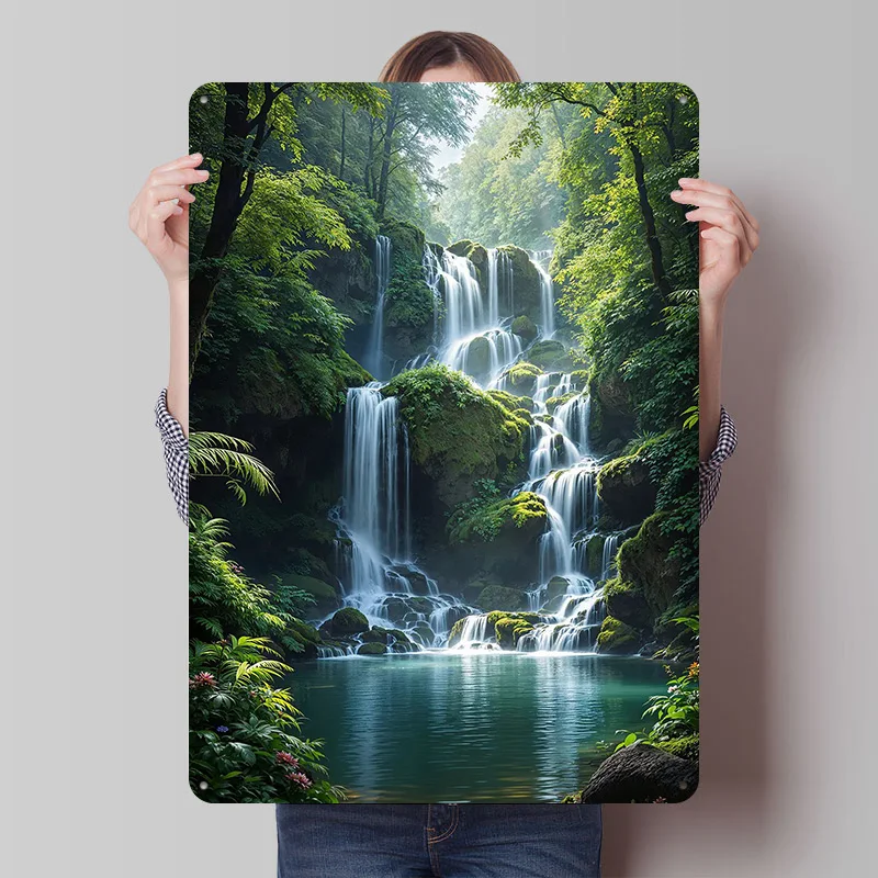 شلال سيرين في الغابة الخصبة ملصق معدني علامات القصدير على جدار الفن علامة معدنية مخصصة للجدار الفن الديكور الرجعية #1