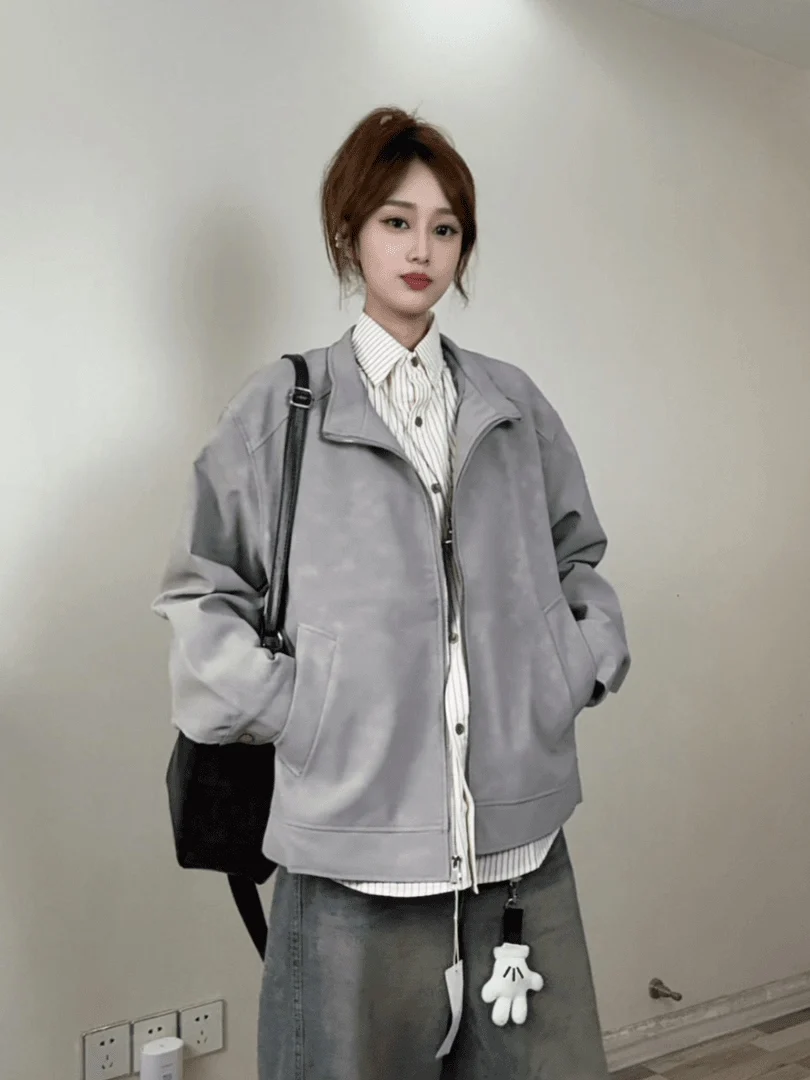 

Кожаный джет с галстуком-красителем, мужской осенний слинг, элитный мотоциклетный бейсбольный джет с воротником-стойкой, байкерский джет Cleanfit