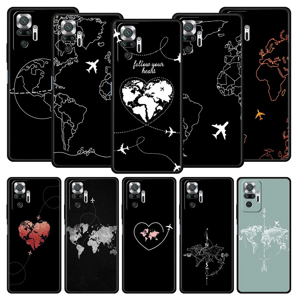 Cartoon World map scenery direction Case For Xiaomi Redmi Note 13 12 5G 11 10 Pro Plus 4G 9S 9 8 7 9T 13C 12C 10C 9C 9A Cover