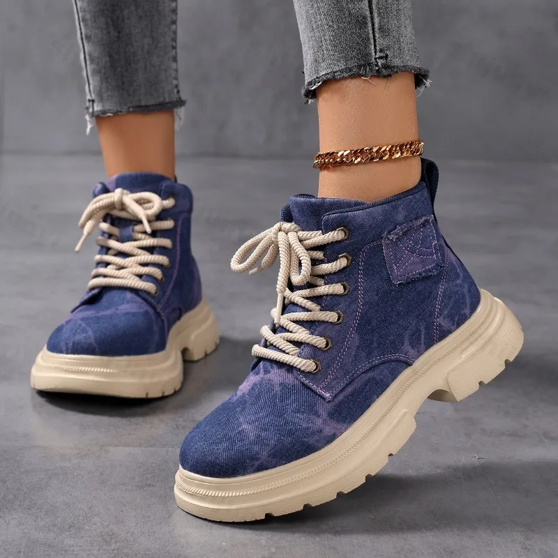 

2025 Autumn Thick Sole Denim Retro Fashion Design Casual Short Boots for Women Breathable Comfortable Lace Up Chunky Ankle Boots