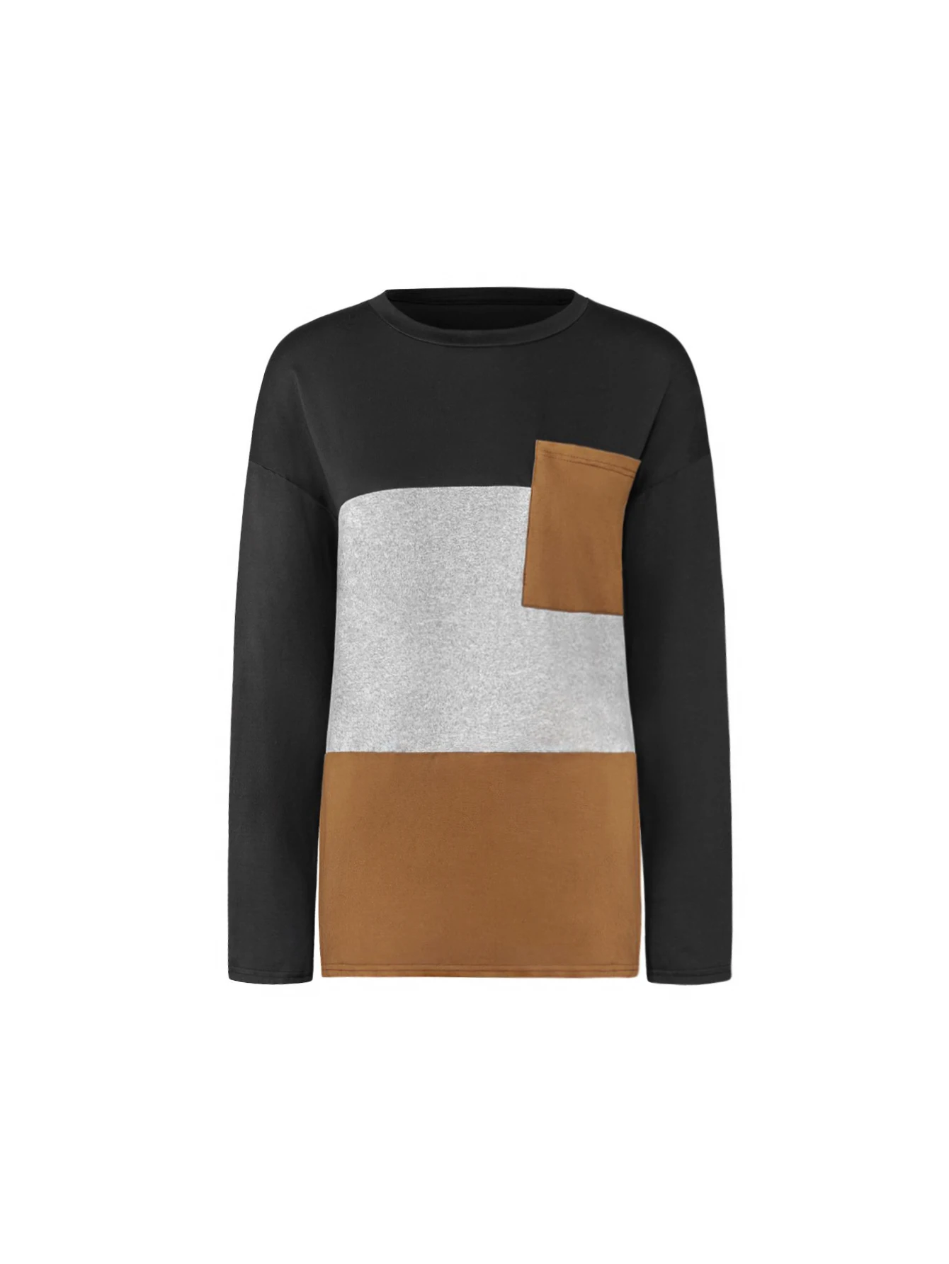 Women's Autumn/Winter Contrast Color Patch Pocket Drop Shoulder Long Sleeve T-Shirt