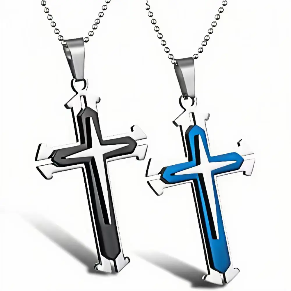 Popular fashion hip-hop 3-layered open-front trending versatile necklace with cross pendant.