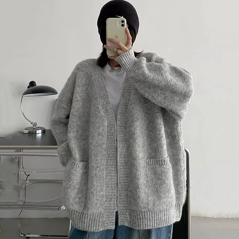 Female Gray Knitting Sweater Cardigan Harajuku Lazy Style Loose Soft Knit Cardigans Y2K Ladies All-Match Pockets Knitwear Coat