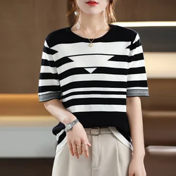 Women's T-shirt Spring/Summer 100% Cotton Knitwear Casual Striped Pullover Short Sleeve Round Neck Tees Loose Blouse