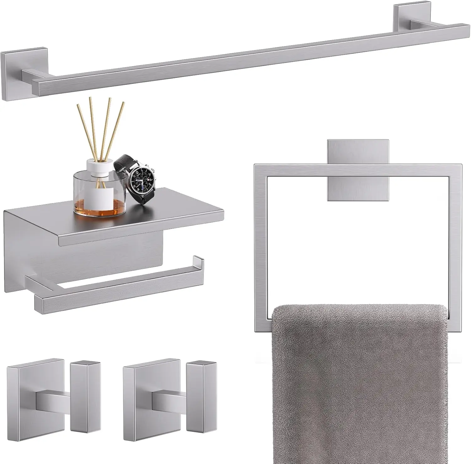 

5-Pieces Brushed Nickel Bathroom Hardware Accessories Set 23.6" SUS304 Stainless Steel Towel Bar Set Wall Mounted Square T