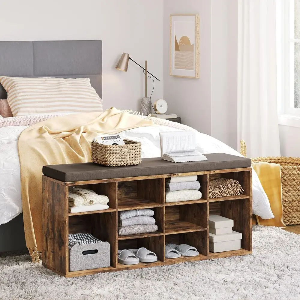 Multi-Functional 12-Cubby Shoe Storage Bench with Cushion, Adjustable Shelves, Rustic Brown for Entryway, Mudroom, Hallway, Clos