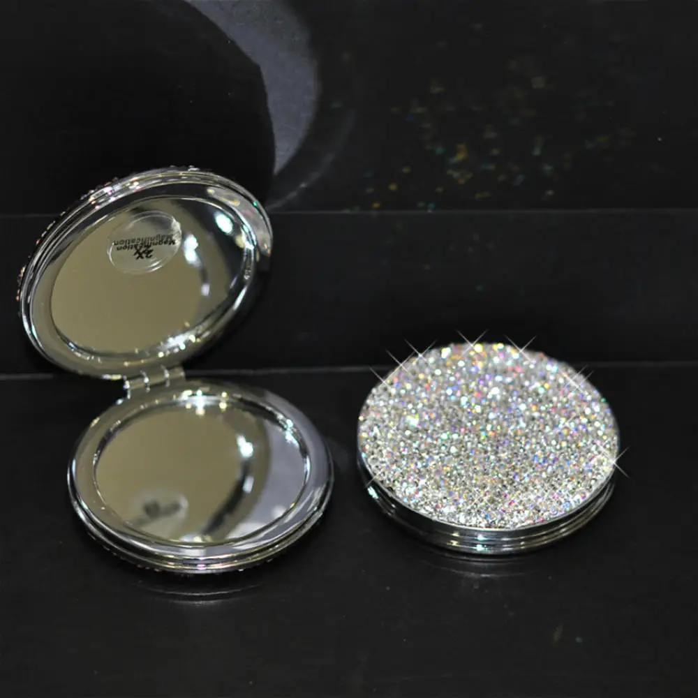 Makeup Mirror 2X Magnifying Small Pocket Portable Luxury Double Side Rhinestones Foldable Cosmetic Mirrors Round Heart 1PCs