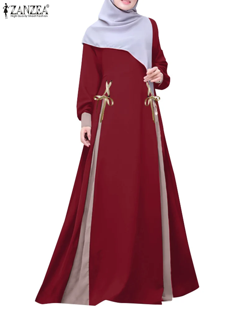 

ZANZEA Hijab O-Neck Muslim Fashion Eid Dresses Contrast-Color Patchwork Modest Elegant Women's Long Sleeve Maxi Abaya Robes