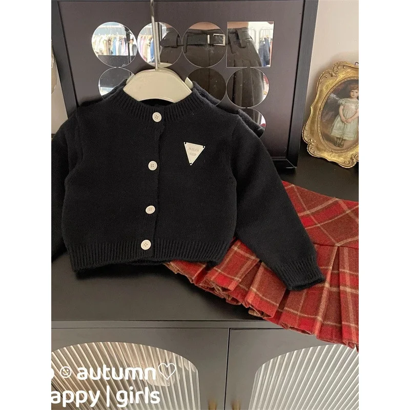 South Korea Children's Clothing Girls' Suit2024Autumn and Winter New Children Western Style Thick Knit Cardigan Pleated Skirt