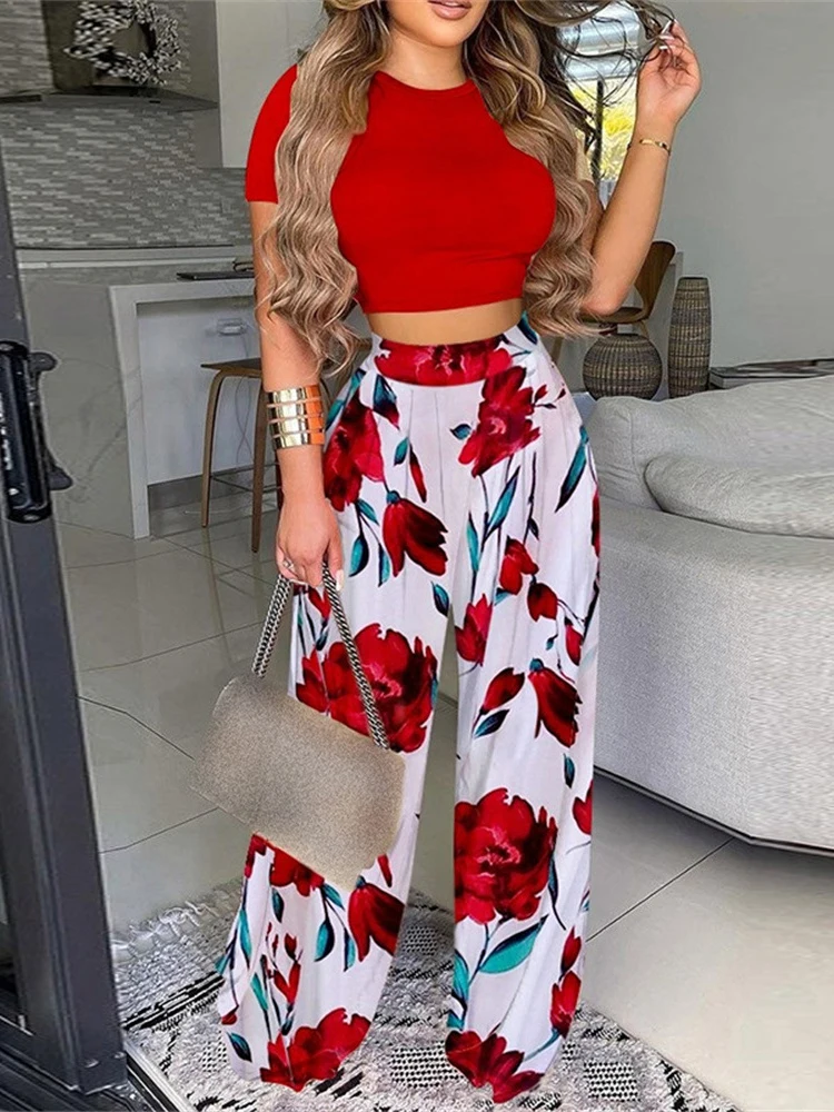 

Autumn Women Wide Leg Pants 2 Piece Sets Womens Outfits Sexy Summer Crop Top Tshirt Outfits Elegant Print Office Two Piece Sets