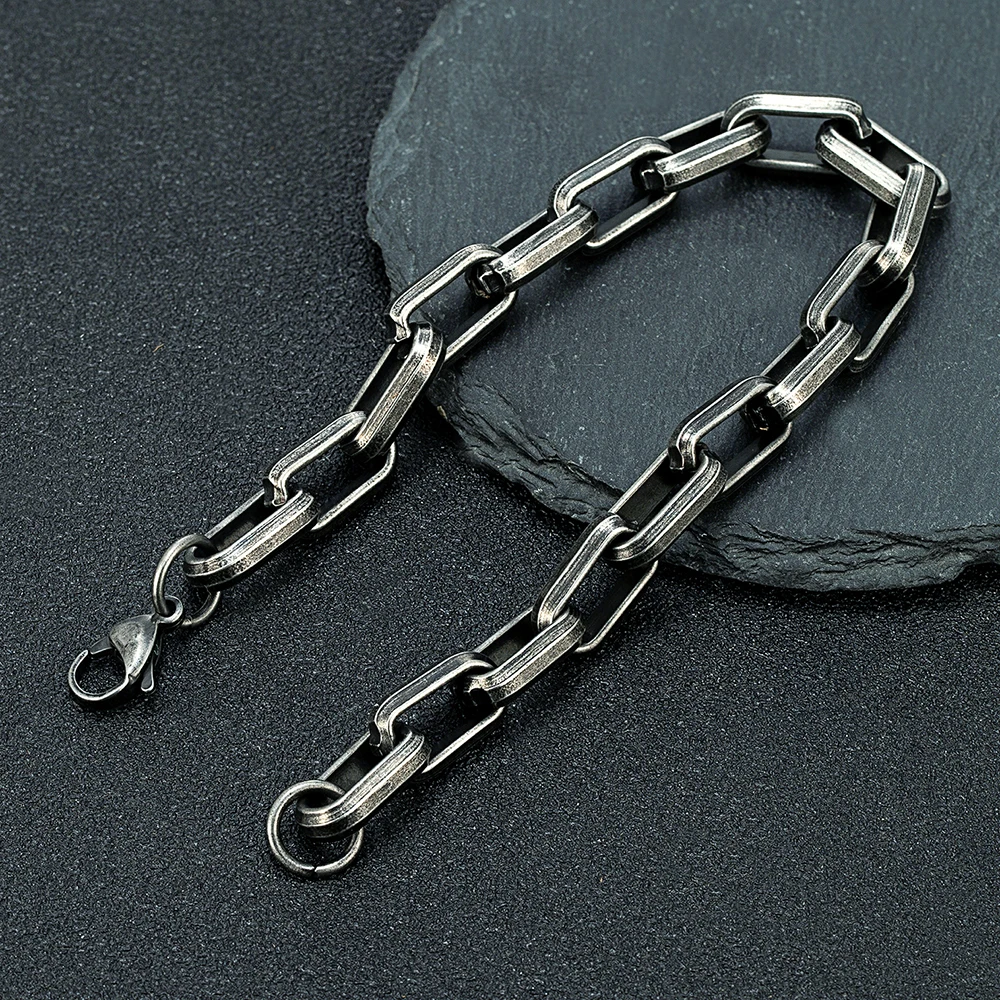 Vintage Locomotive Black Gold Color Paperclip Chain Bracelet For Men Women Stainless Steel Links Bracelets Punk Style Wristbands