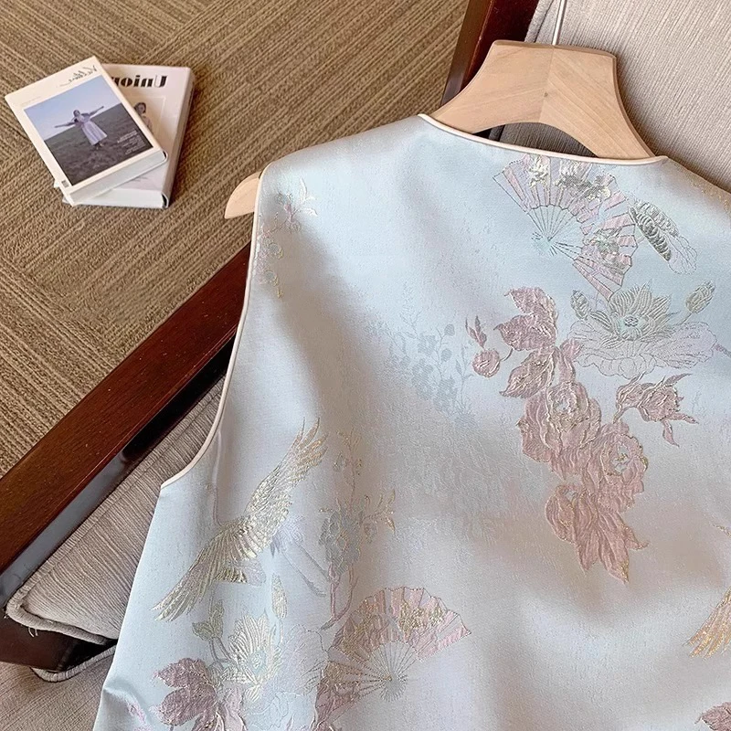 Retro Chinees Sle rond Ne Svel Vest ex Vroege herfst Faionable Layering Trendy Crop Top Plant Bloemenborduurwerk