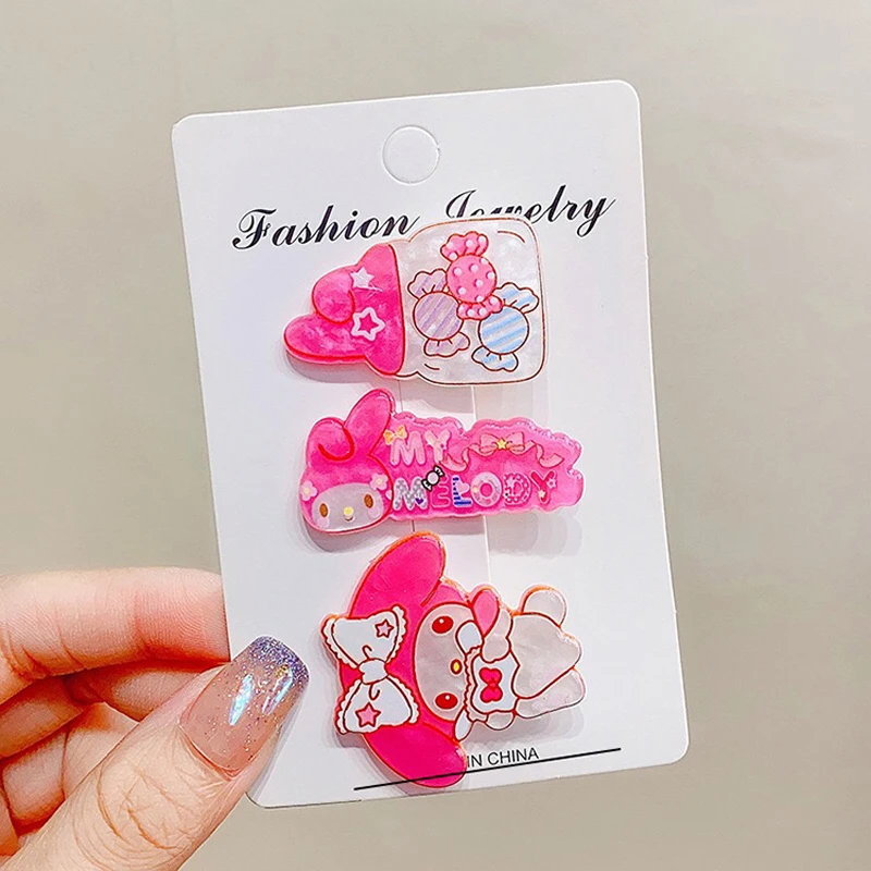 Kawaii Sanrio Kuromi HairClips Cartoon 3pcs Hello Kitty Cinnamoroll Kid Barrettes Hair Accessories Hairpins Cute Girl Heart Gift