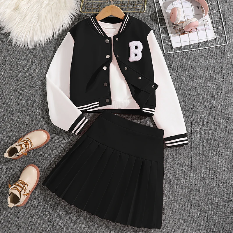 Fashion Spring Autumn 8-12 Years Girls Costume Suit Solid Color Letter Jacket And Pleated Skirt Preppy Korean Style Clothes Sets