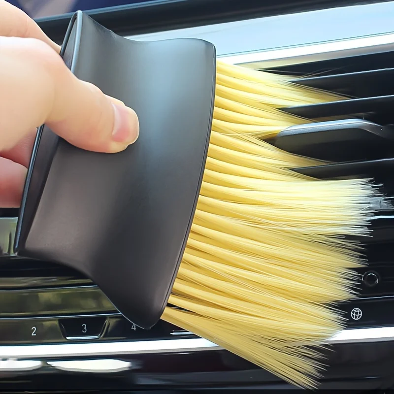 Dual-Head Car Interior Cleaning Brush with Soft Yellow & Hard Black Bristles - Ideal for AC, Dashboard, Buttons