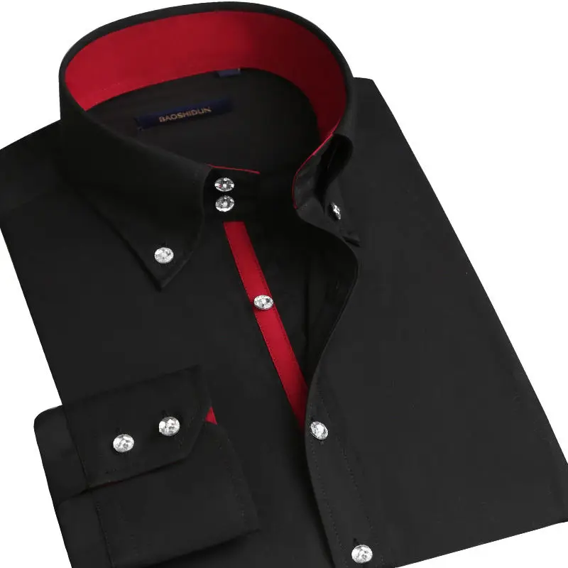 Mens Long Sleeve Dress Shirt Button-down Collared Formal Business Casual Shirt Korean Fashion Slim Fit Designer Shirts Black Red