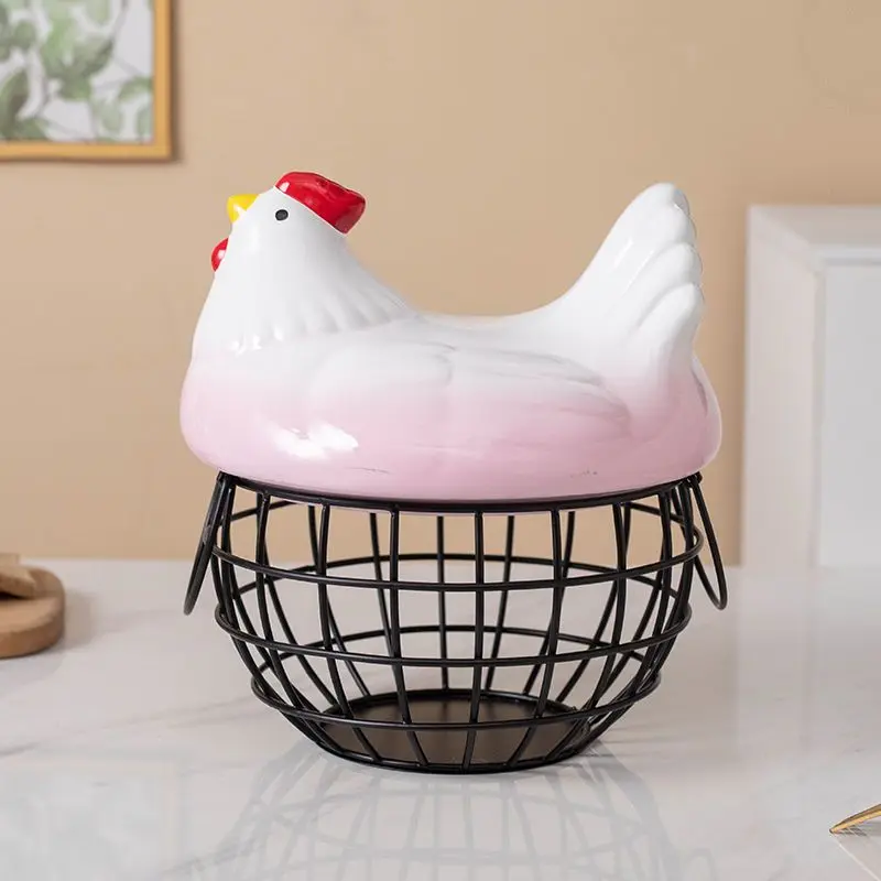 Ceramic egg basket,  fruit storage, kitchen storage, wrought iron covered storage basket, decorative basket