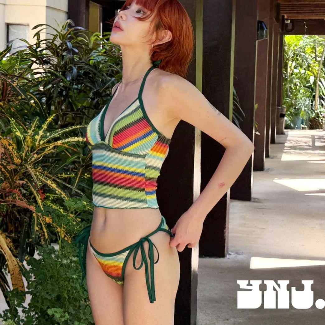 

Вязаный раздельный купальник Dopaamine: топ и плавки для пляжного отдыха, женский, премиум-класса, с дизайном на завязках на шее