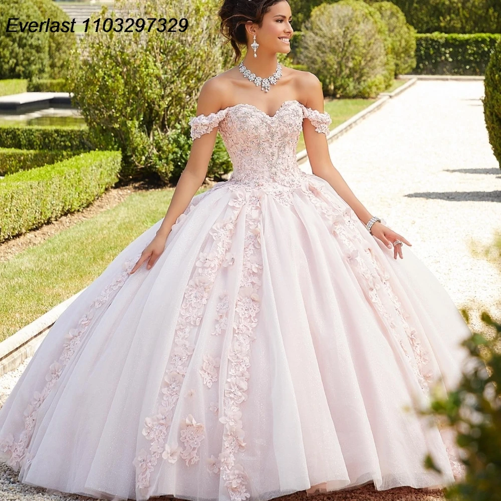 EVLAST Personalizado Champagne Quinceanera Vestido de Baile 3D Floral Applique Beading Espartilho Doce 16 Vestido De 15 Anos TQD947