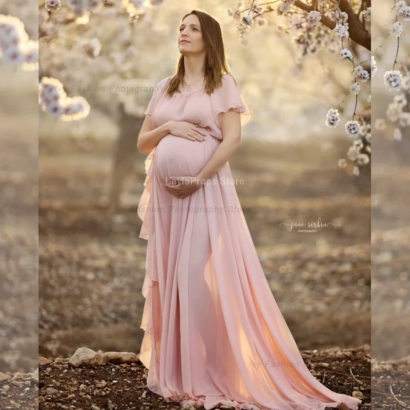 Maternity Photography Dress with Shoulder Ruffle Sleeve Chiffon Fabric -Bohemian Baby Shower Photo Shooting Pregnancy Dresses