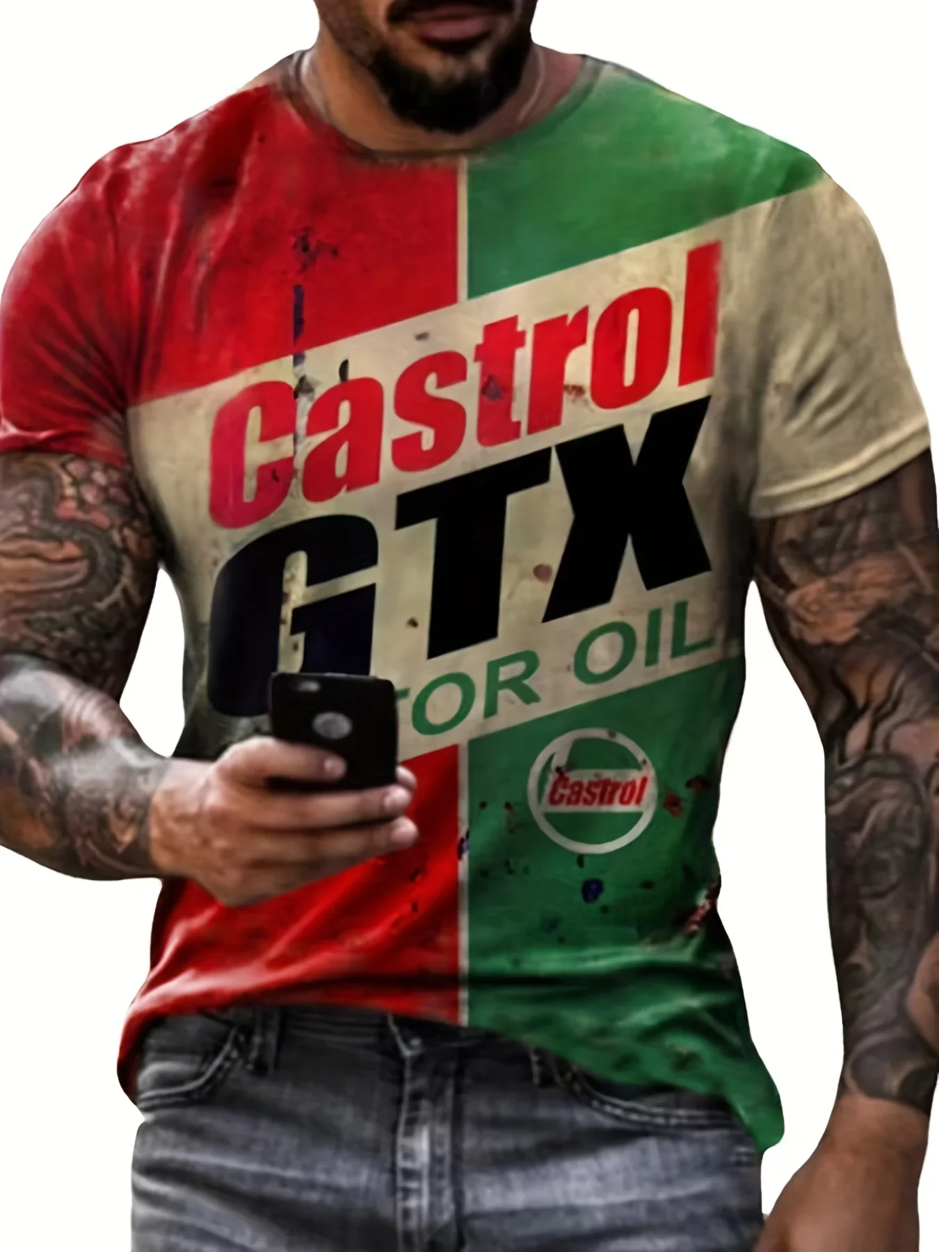 2024 Summer New Fashion Men\'s T-shirt Gradient Castrol 3D Casual Printed Short-sleeved Street Clothing Fashion Men\'s Clothing Ov