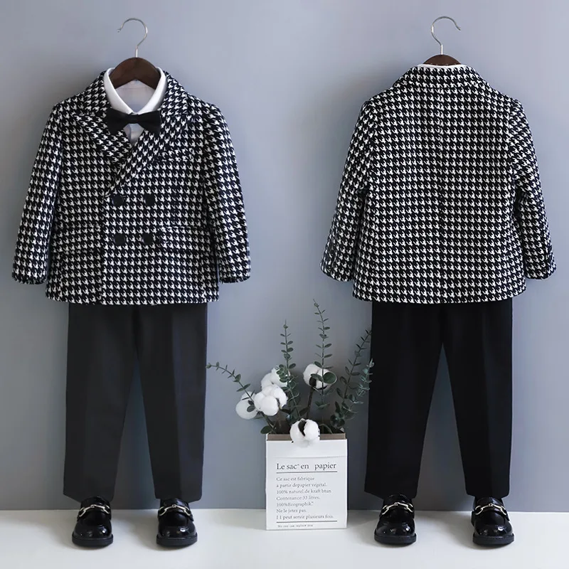 2024 Clibeso Elegant Tailored Suits Set for Boys Kids Boutique Houndstooth Blazer+ Suit Pants +Shirt + Bow Children Host Clothes