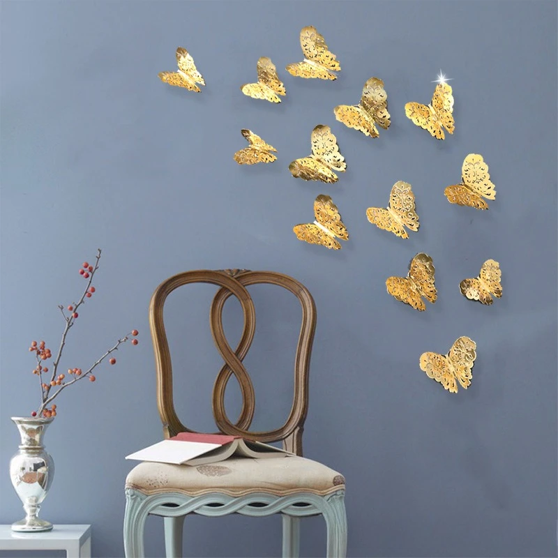Gold Silver Blue Hollowed-out 3D Mirror Butterfly Wall Sticker Wedding Birthday Room Wall Stickers Living Room DIY Decorations