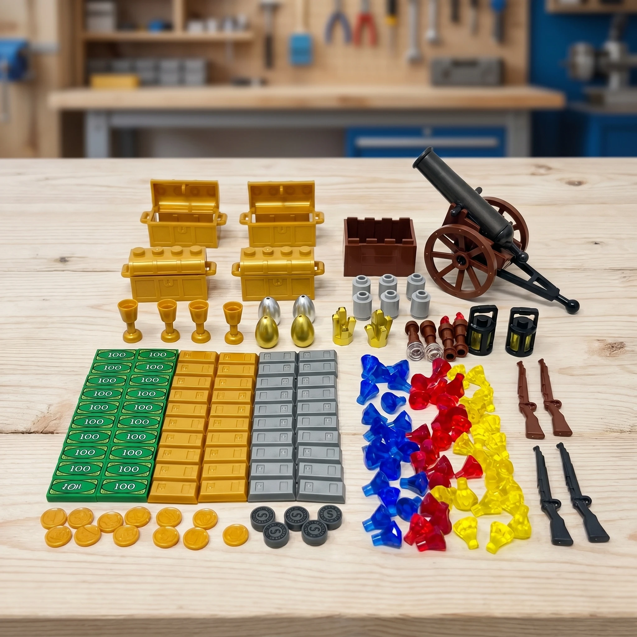 Treasure Chest Gemstone Building Blocks Parts Dollar Bill Money Pattern Gold Silver Cash Accessories Blocks DIY Toys for Boys